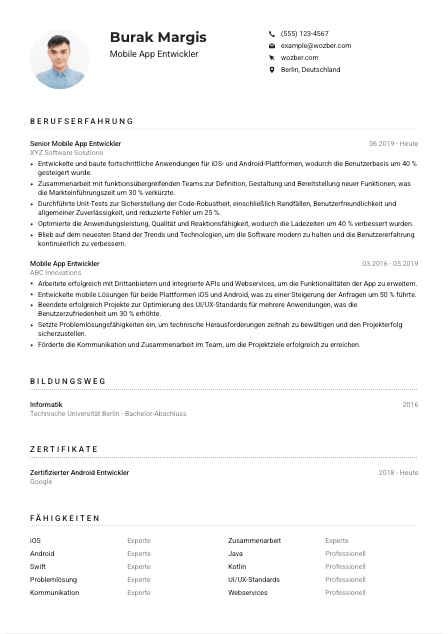 Lebenslauf-Muster für Mobile App Entwickler*in