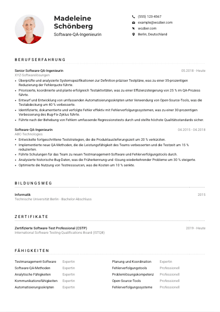 Lebenslauf-Muster für Software-QA-Ingenieur*in