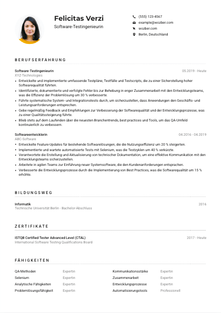 Lebenslauf-Muster für Software-Testingenieur*in