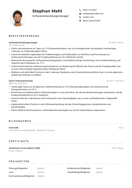 Lebenslauf-Muster für Softwareentwicklungsmanager*in