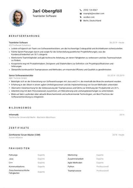 Lebenslauf-Muster für Teamleiter*in Software