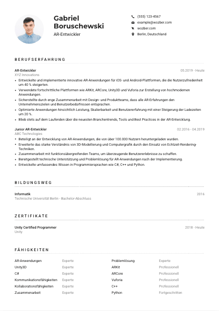 Lebenslauf-Muster für AR-Entwickler*in