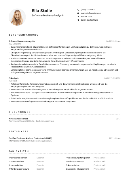 Lebenslauf-Muster für Software-Business-Analyst*in