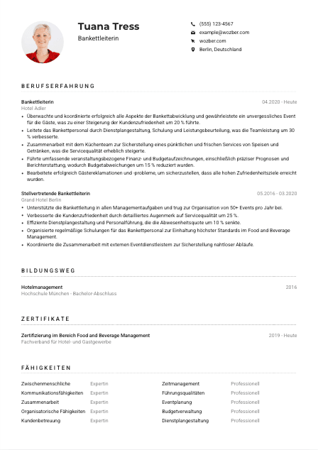 Lebenslauf-Muster für Bankettleiter*in
