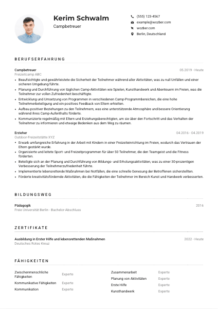 Lebenslauf-Muster für Campbetreuer*in
