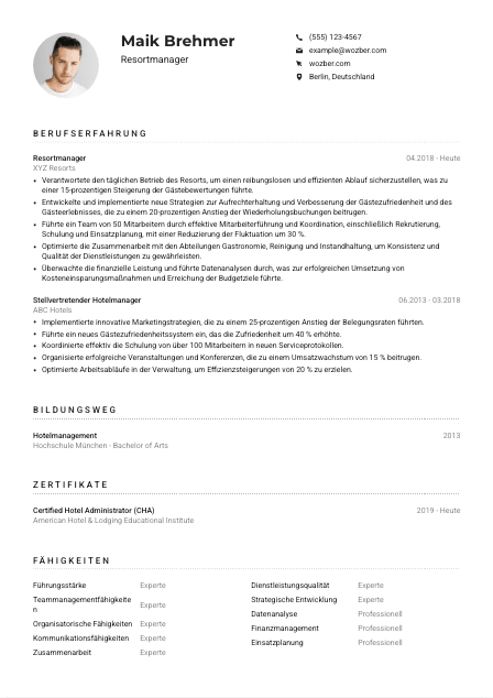 Lebenslauf-Muster für Resortmanager*in
