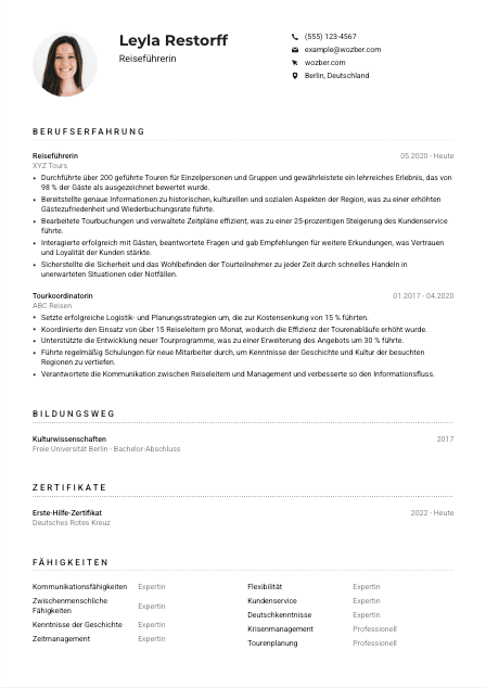 Lebenslauf-Muster für Reiseführer*in