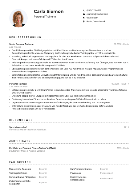 Lebenslauf-Muster für Personal Trainer*in