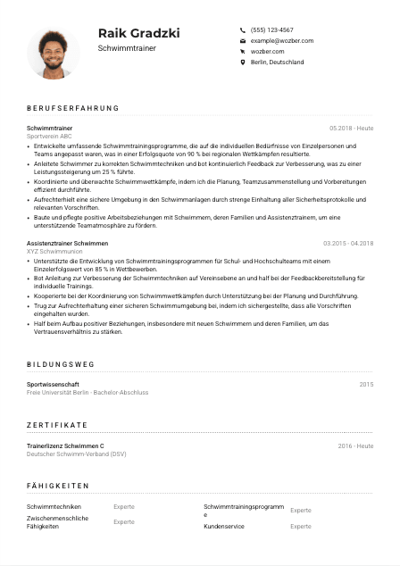 Lebenslauf-Muster für Schwimmtrainer*in