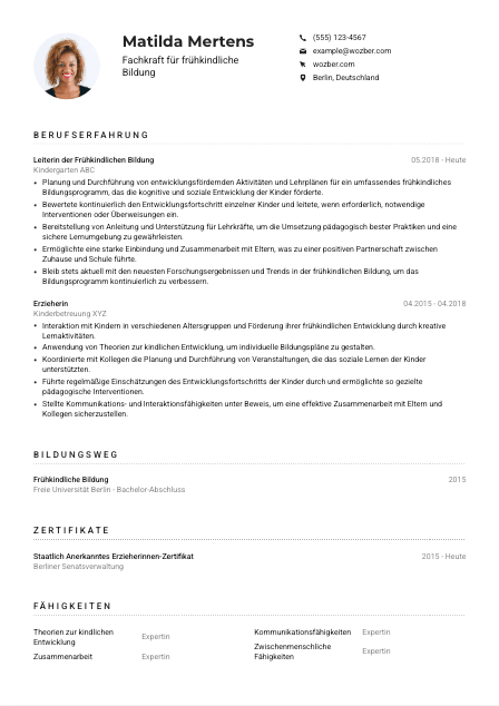 Lebenslauf-Muster für Fachkraft für frühkindliche Bildung