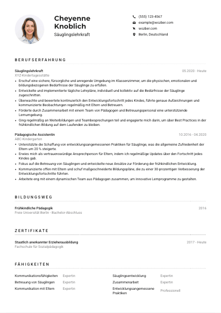 Lebenslauf-Muster für Säuglingslehrkraft