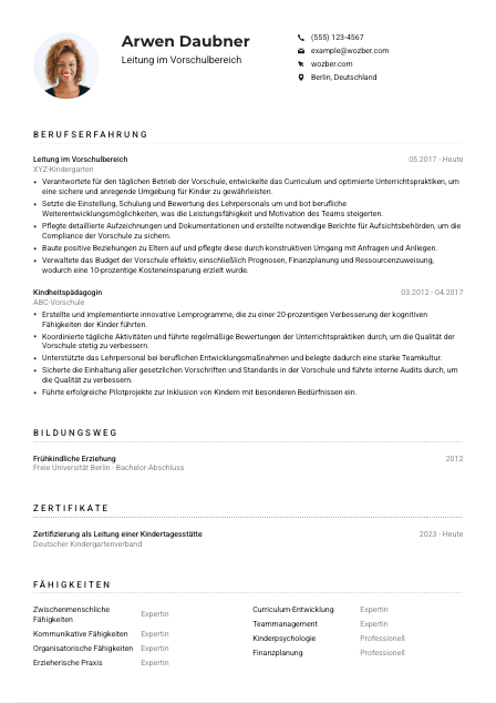 Lebenslauf-Muster für Leitung im Vorschulbereich