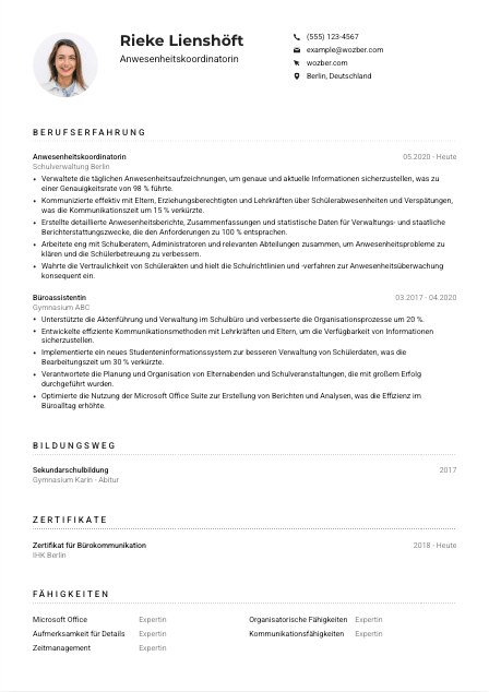 Lebenslauf-Muster für Anwesenheitskoordinator*in