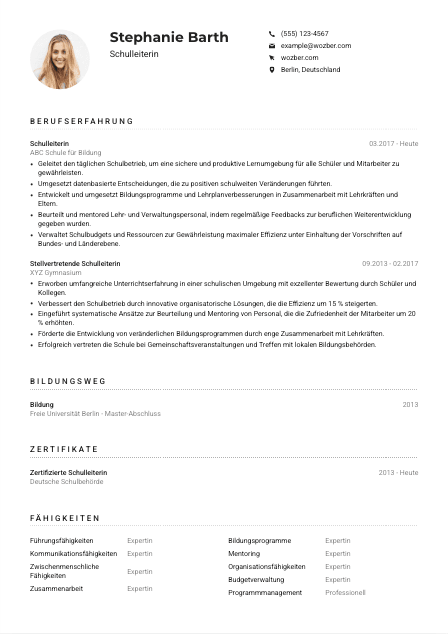 Lebenslauf-Muster für Schulleitung