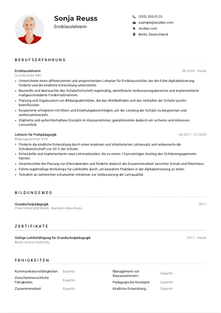 Lebenslauf-Muster für Erstklasslehrer*in