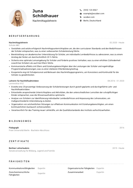Lebenslauf-Muster für Nachmittagslehrer*in
