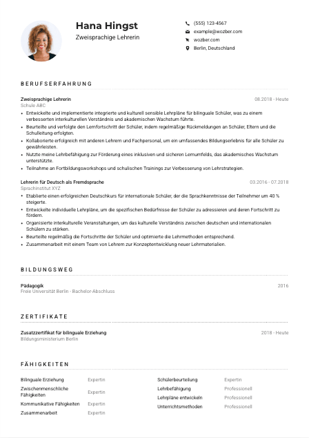 Lebenslauf-Muster für Zweisprachige*r Lehrer*in