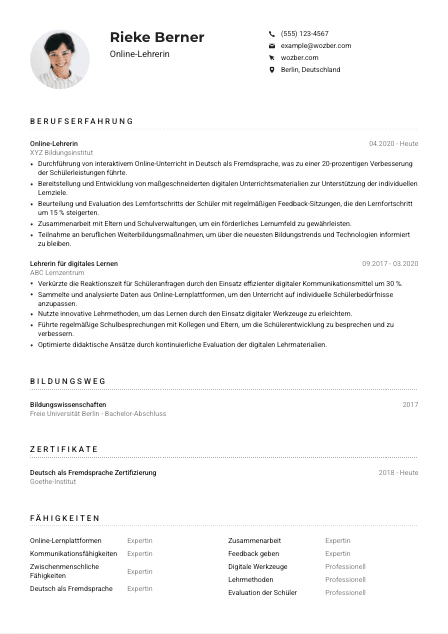 Lebenslauf-Muster für Online-Lehrer*in