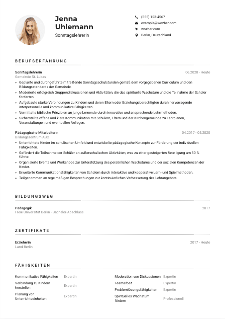 Lebenslauf-Muster für Sonntagslehrer*in