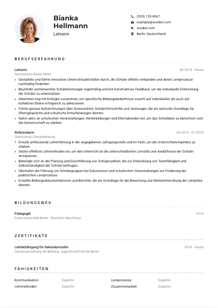 Lebenslauf-Muster für Lehrer*in