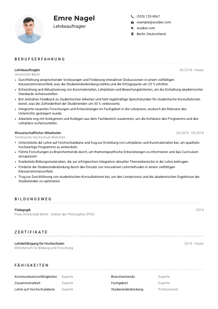 Lebenslauf-Muster für Lehrbeauftragte*r