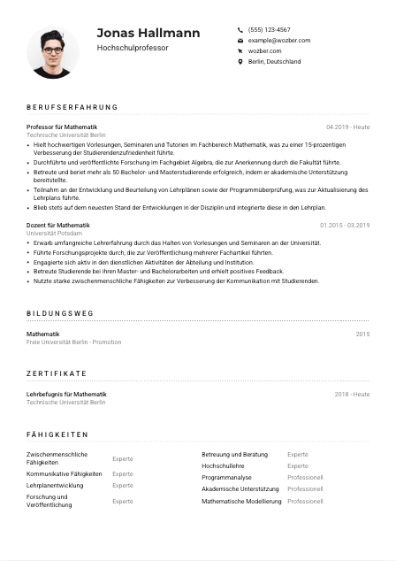 Lebenslauf-Muster für Hochschulprofessor*in