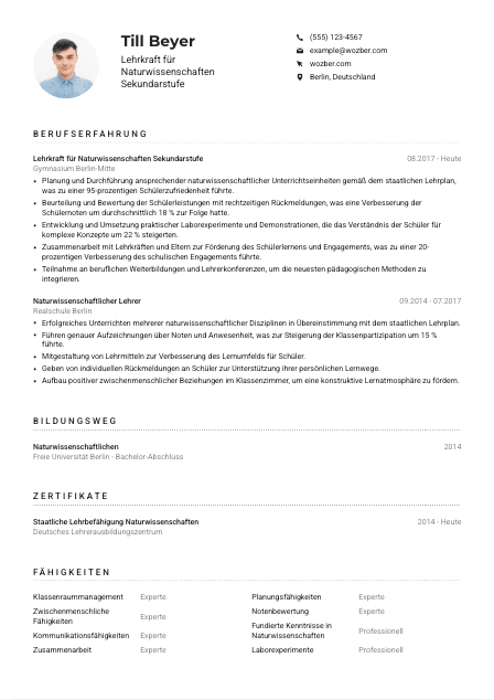 Lebenslauf-Muster für Lehrkraft für Naturwissenschaften Sekundarstufe