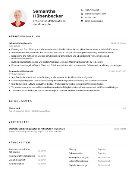 Lebenslauf-Muster für Lehrer*in für Mathematik an der Mittelstufe