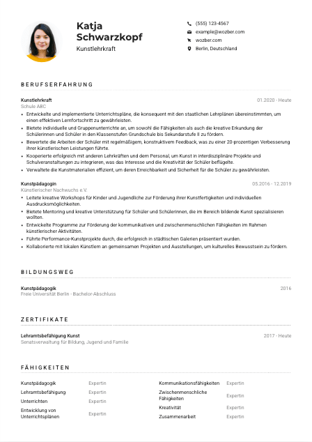 Lebenslauf-Muster für Kunstlehrkraft