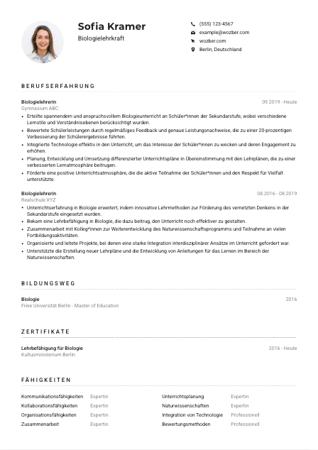 Lebenslauf-Muster für Biologielehrkraft