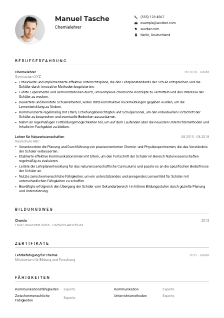 Lebenslauf-Muster für Chemielehrkraft