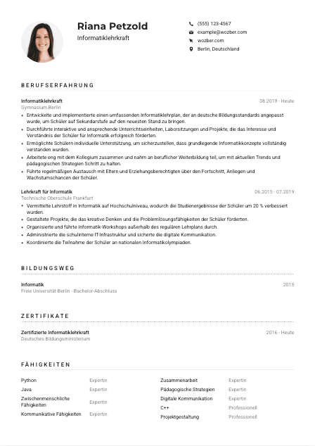 Lebenslauf-Muster für Informatiklehrkraft