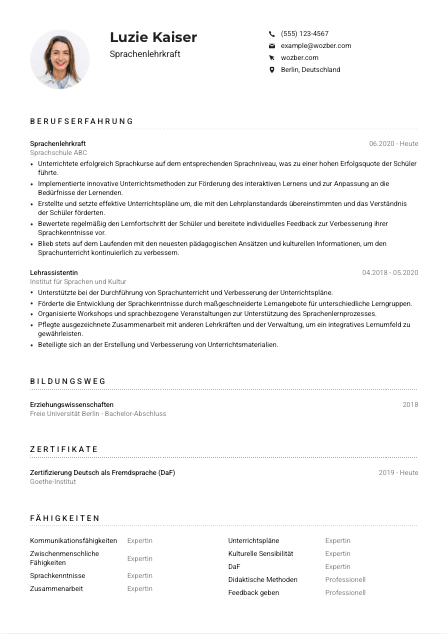 Lebenslauf-Muster für Sprachenlehrkraft