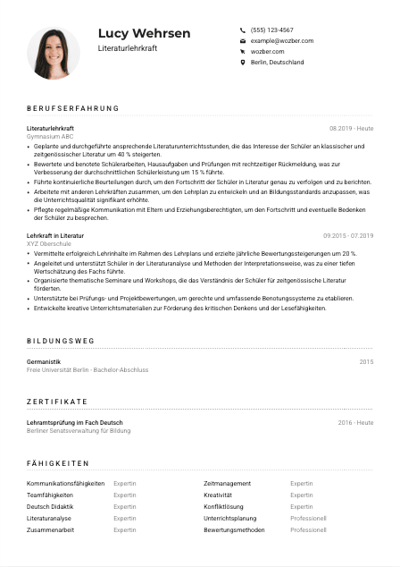 Lebenslauf-Muster für Literaturlehrkraft