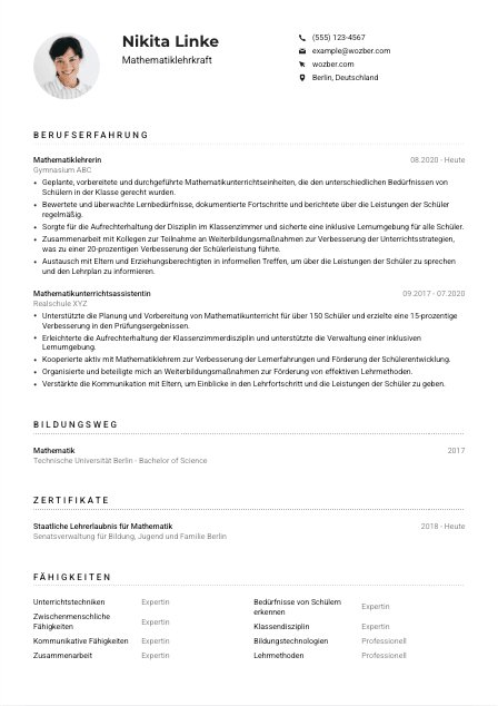 Lebenslauf-Muster für Mathematiklehrkraft