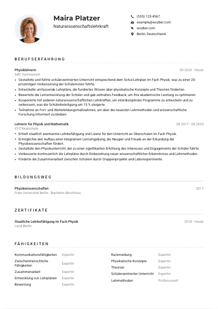 Lebenslauf-Muster für Naturwissenschaftslehrkraft