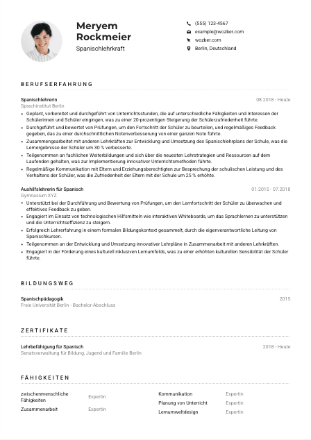 Lebenslauf-Muster für Spanischlehrkraft