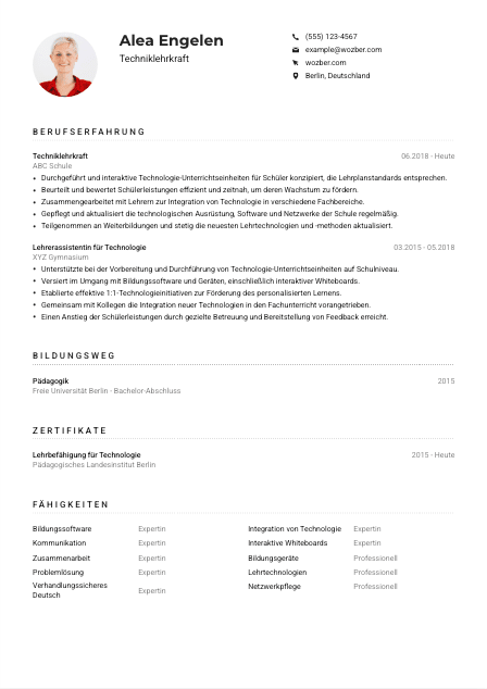 Lebenslauf-Muster für Techniklehrkraft