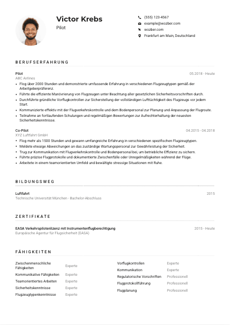 Lebenslauf-Muster für Pilot*in