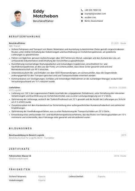 Lebenslauf-Muster für Berufskraftfahrer*in