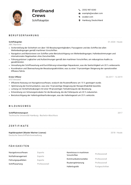 Lebenslauf-Muster für Schiffskapitän*in