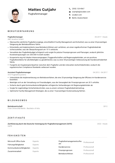Lebenslauf-Muster für Flughafenmanager*in