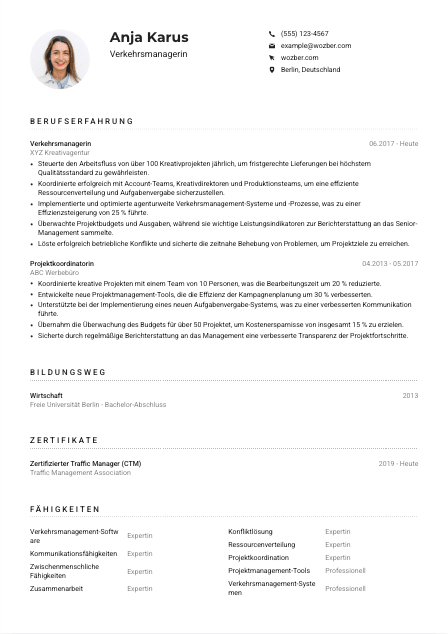 Lebenslauf-Muster für Verkehrsmanager*in