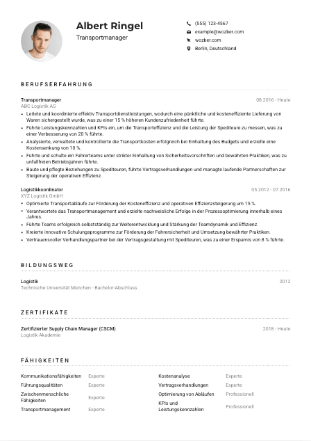 Lebenslauf-Muster für Transportmanager*in