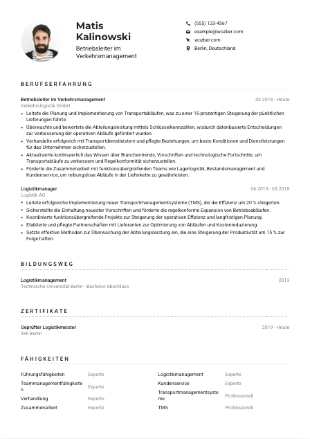 Lebenslauf-Muster für Betriebsleiter*in im Verkehrsmanagement