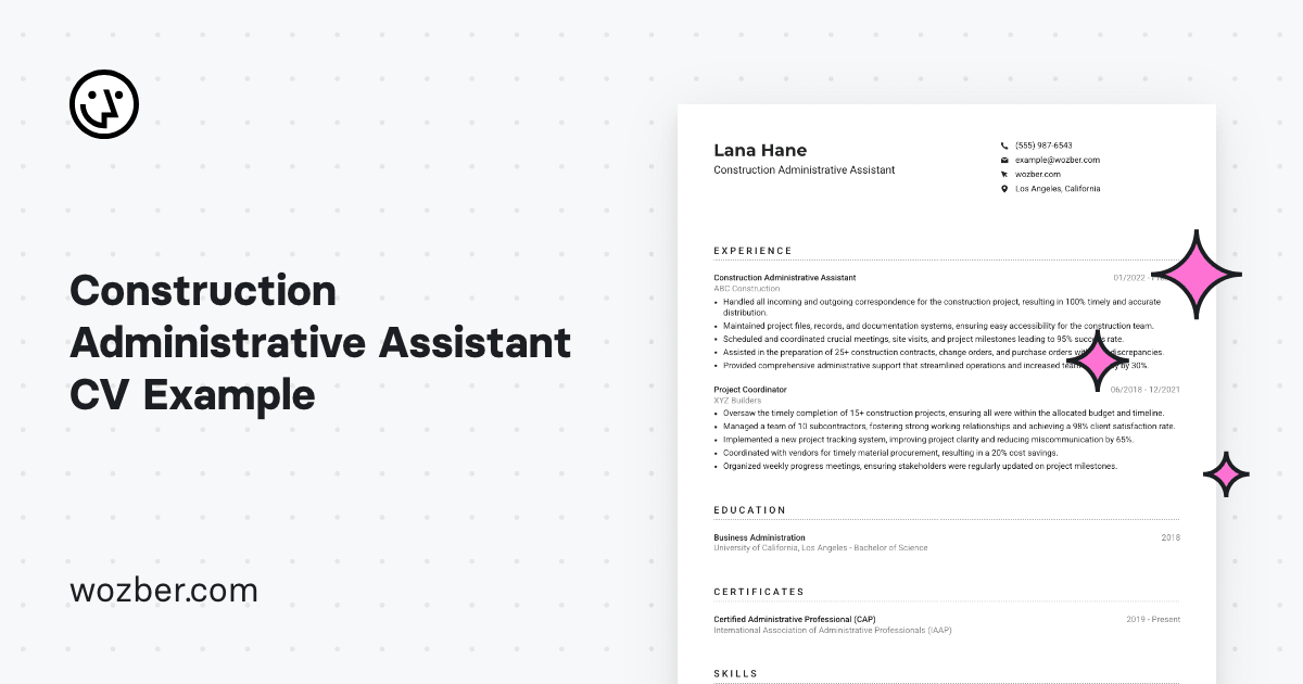 Construction Administrative Assistant CV Example