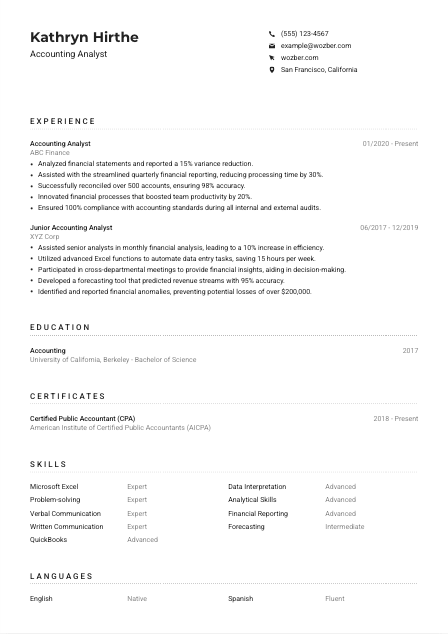 Accounting Analyst Resume Example