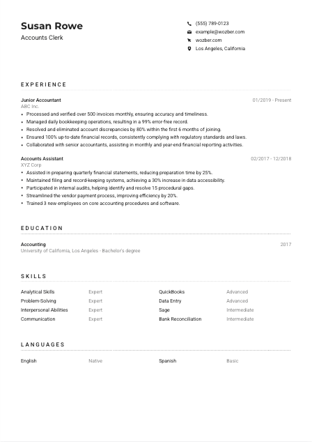 Accounts Clerk Resume Example