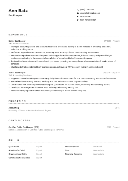 Bookkeeper CV Example