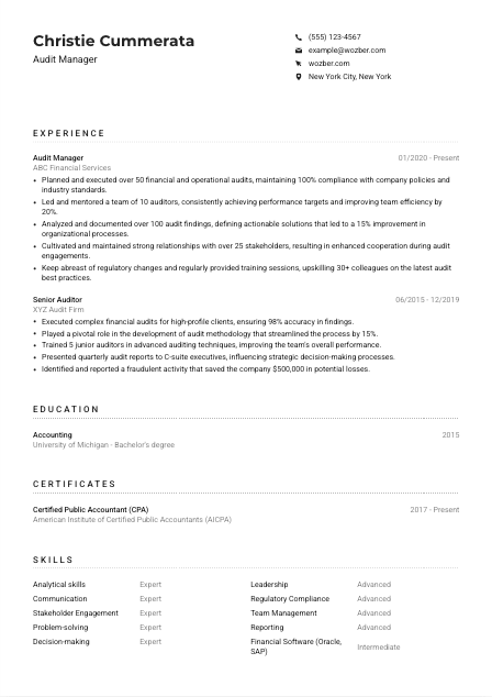 Audit Manager CV Example